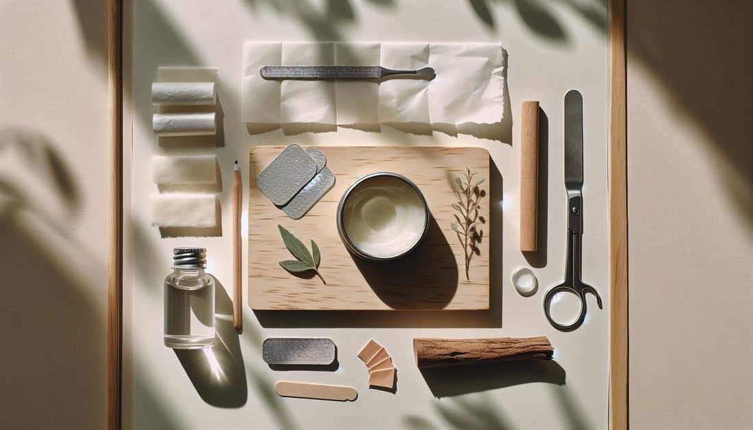 Minimalistisches Flatlay für Maniküre-Entfernung: Vaseline-Dose, Pads, Alufolie, Rosenholzstäbchen, Feile, Removerglas auf hellem Holz, sanftes Licht.