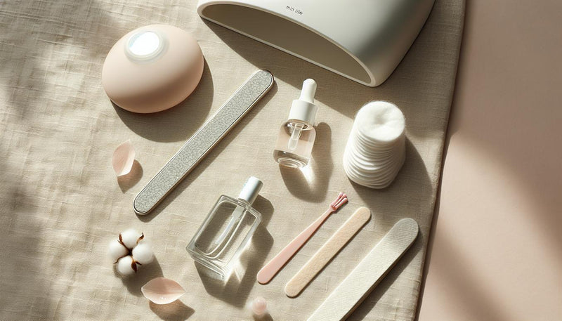 Minimalistisches Flatlay mit Glasnagelfeile, Nagelöl, UV-Minilampe, Clear Coat, Baumwollpads und Soak-off-Wraps auf hellem Leinen, zarte rosa Akzente.