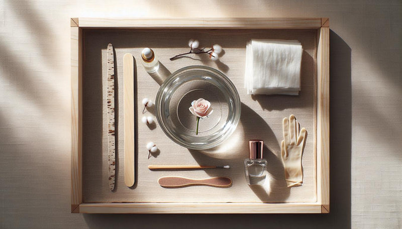 Minimalistisches Nageldesign-Stillleben mit Aceton-Schale, Nagelfeile, Rosenholzstäbchen, Cuticle-Öl, Schutzlack, Baumwollpads und Handschuhen auf hellem Leinen.