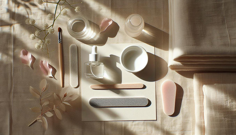 Minimalistisches Flatlay von Softgel-Fläschchen, LED-Lampe, Glasnäpfchen, Holzstäbchen und Nagelwerkzeug auf hellem Leinen, sanfte Akzente in Rosa.