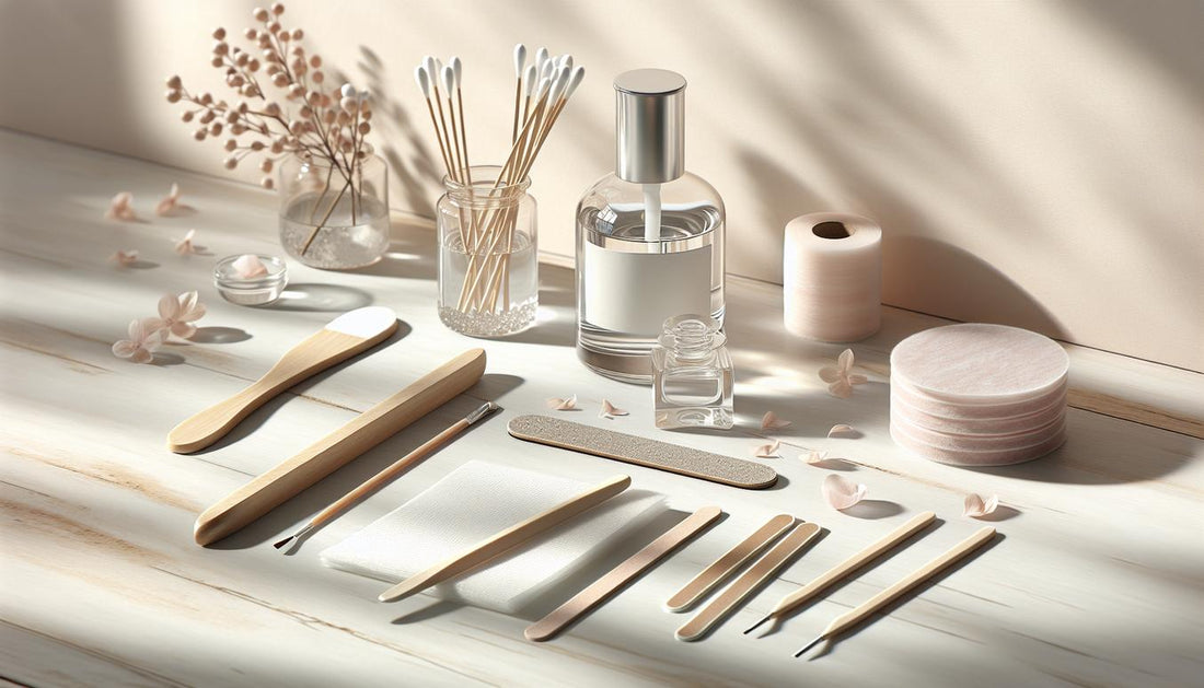 Minimalistische Nagelpflege-Szene mit klarem Acetonfläschchen, Alufolien, Wattepads, Holzstäbchen, Glasfeile und Buffer auf hellem Holz, Tageslicht, stillvoll arrangiert.