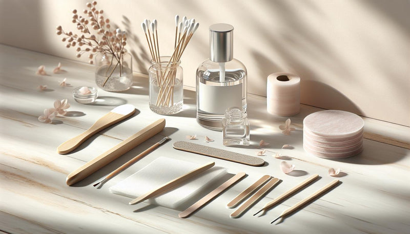 Minimalistische Nagelpflege-Szene mit klarem Acetonfläschchen, Alufolien, Wattepads, Holzstäbchen, Glasfeile und Buffer auf hellem Holz, Tageslicht, stillvoll arrangiert.