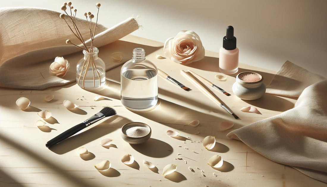 Nahaufnahme von Nagelwerkzeugen und Pflegeprodukten um eine offene Acetonflasche auf hellem Birkenholz, minimalistisch und feminin arrangiert in Weiß, Rosa und Schwarz.