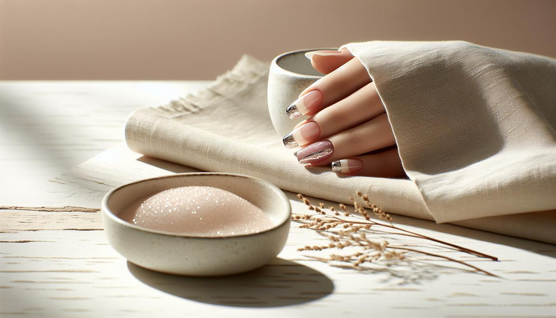 Minimalistisches French Nail Design mit Chrom-Effekt und dezent glitzernden Akzenten auf hellem Birkenholz und beigem Leinen, natürlicher, ruhiger Hintergrund.