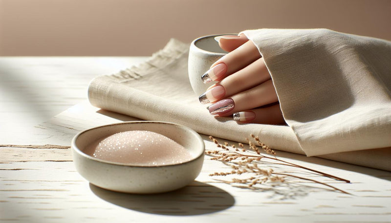 Minimalistisches French Nail Design mit Chrom-Effekt und dezent glitzernden Akzenten auf hellem Birkenholz und beigem Leinen, natürlicher, ruhiger Hintergrund.