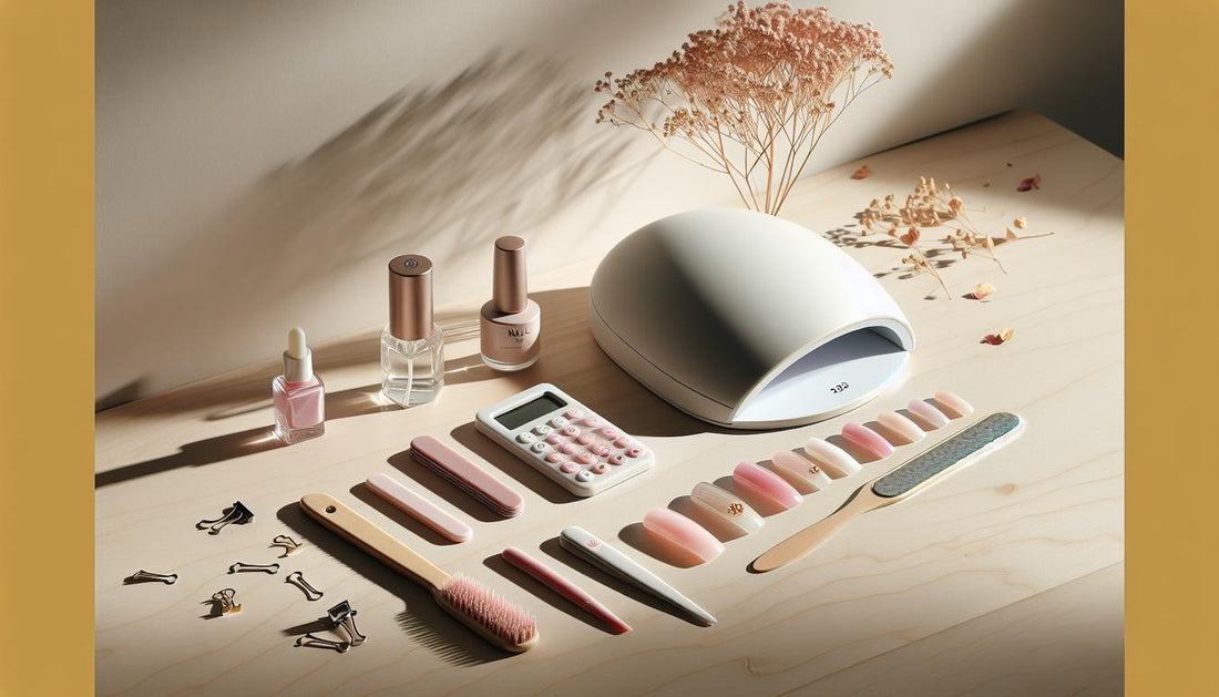 Helles Flatlay mit French-Gel-Press-Tips auf Nail-Display, UV-Lampe, French-Brush, Glasfeile, Cuticle-Öl, Mini-Taschenrechner, Goldclips, auf Holz, minimalistisch.