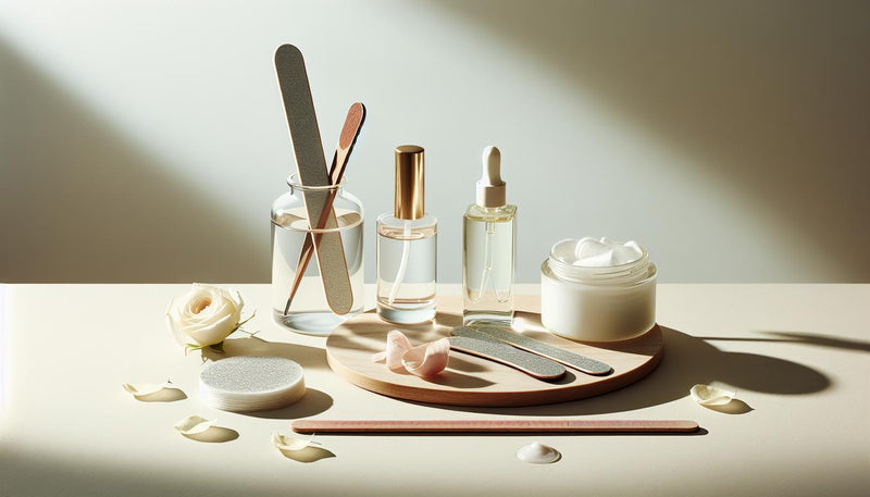 Stillleben mit Glasnagelfeile, Rosenholzstäbchen, Wattepads mit Alufolie, Glasschälchen mit Aceton, Nagelöl und Handcreme, hell und minimalistisch.