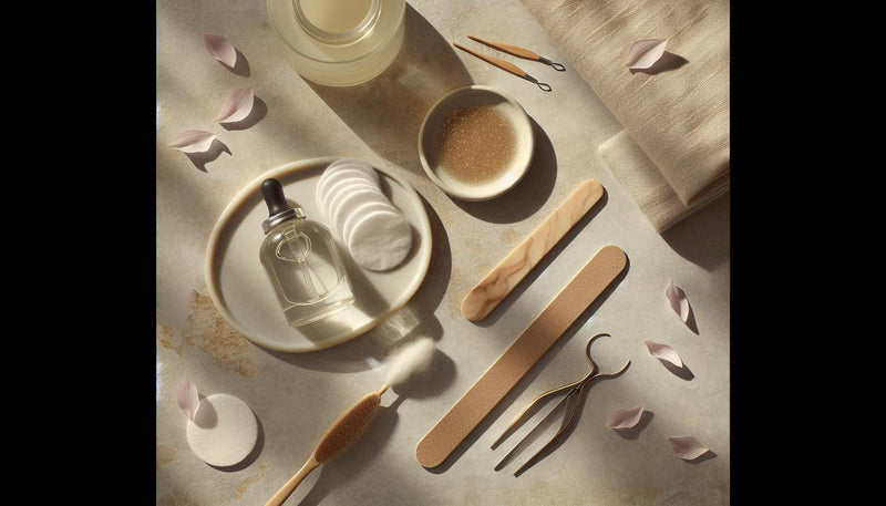 Maniküre-Set auf hellem Naturstein: Acetonfläschchen, Wattepads, Alufolie, Buffer, Rosenholzstäbchen, Schale mit Öl, Blütenblätter auf Leinen, minimalistisch.