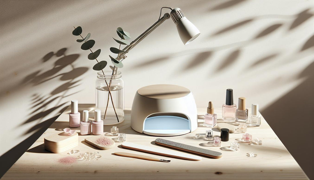 Minimalistischer Nagel-Workspace mit Soft-Gel-Tips, UV-LED-Lampe, Base- und Top-Coat, Feile und Nagelöl auf hellem Tisch im NailX-Stil.