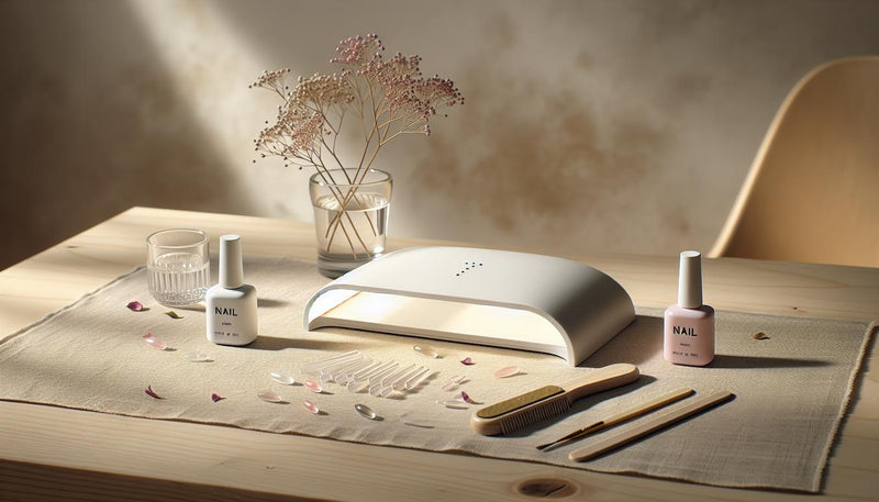 Ordentliche Stillleben-Szene: UV-Nagellampe, Soft-Gel-Tips, Gel-Fläschchen, Glas mit goldenem Pinsel, Feile und Rosenholzstäbchen auf hellem Holztisch.