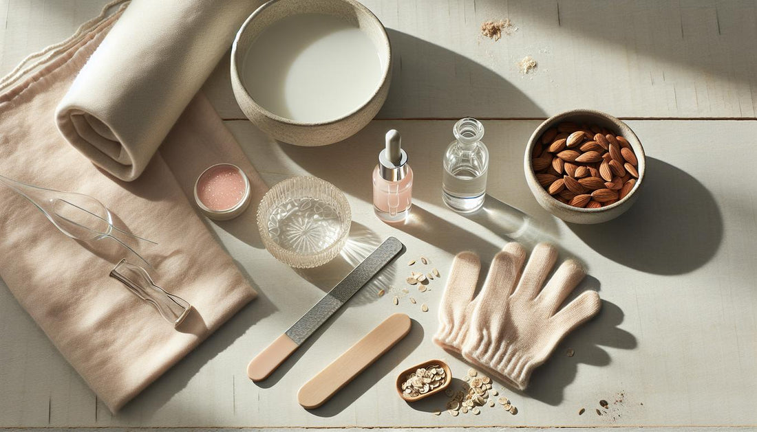 Flaches, minimalistisches Flatlay: Glasnagelfeile, Nagelöl, Handcreme, Baumwollhandschuhe und kleine Schüsseln mit Mandeln, Haferflocken, Leinsamen auf hellem Holz.