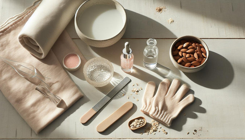Flaches, minimalistisches Flatlay: Glasnagelfeile, Nagelöl, Handcreme, Baumwollhandschuhe und kleine Schüsseln mit Mandeln, Haferflocken, Leinsamen auf hellem Holz.