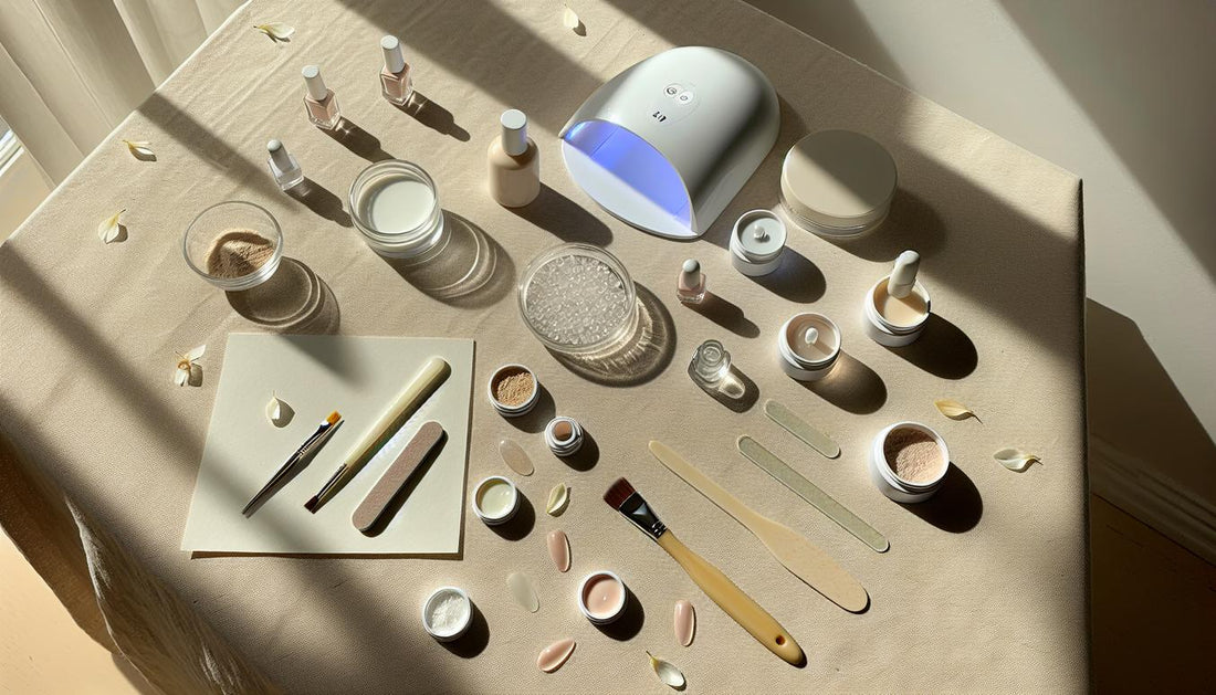 Elegantes Nagel-Stillleben: Gel- und Acryl-Set auf beigem Leinen, mit UV-Lampe, Tiegeln, Pinsel, Softgel-Tips und Blütenblättern im NailX-Stil.