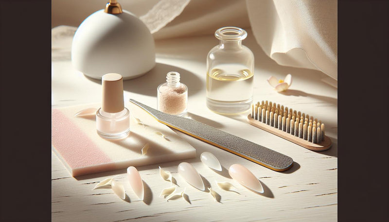 Minimalistisches Stillleben auf hellem Holz: milchige Nude-Nageltips, Feile, Glasfläschchen mit Cuticle-Öl, UV-LED-Lampe, dezente Blüten, helles Tageslicht.