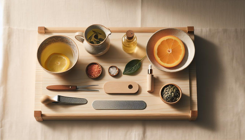 Minimalistisches Flatlay mit Nagelpflege-Tools, Keramiktasse Kräutertee, Orangen- und Zitronenscheiben, Linsen, Kürbiskernen und Spinat auf hellem Holzregal.