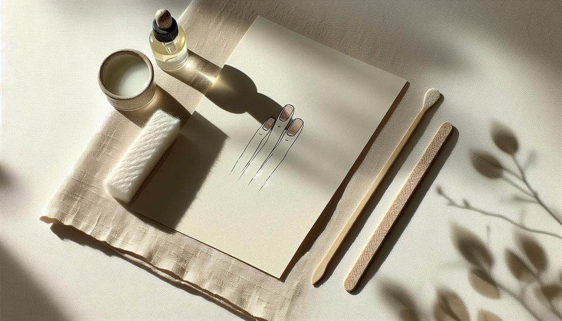 Flatlay mit Glasnagelfeile, Holzstäbchen, Nagelöl, Wattepads und Skizzenkarte auf Leinen. Helle, minimalistische Szene im NailX-Stil.