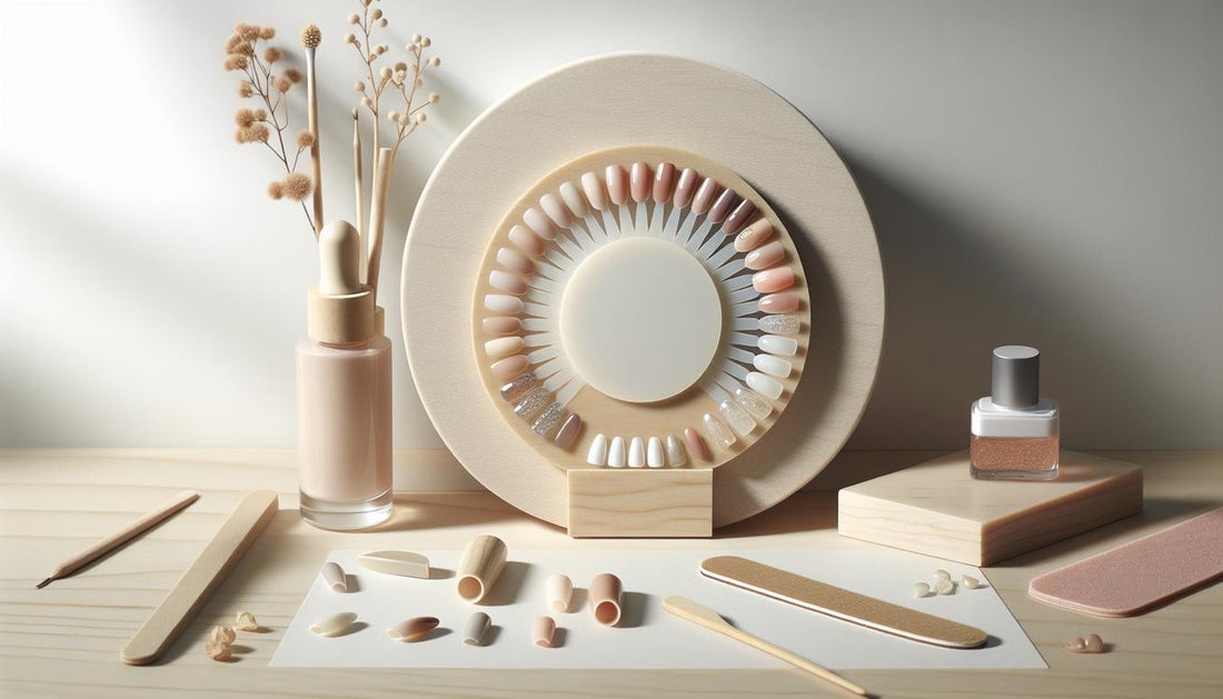 Minimalistische Flatlay-Szene: Maniküre-Unterlage, Musterrad mit Nagel-Tips (Leukonychie, milchig), Glasfeile, Holzstäbchen, klares Nagelöl, helle Holzfläche.
