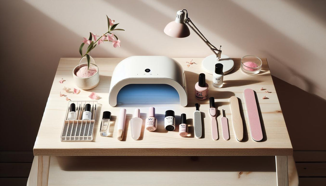 Ästhetisches Nageldesign-Flatlay mit UV-Lampe, Fläschchen, Softgel-Tips und Nagelöl auf heller Oberfläche, rosa Blüten und viel Weißraum.