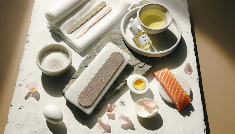 Flatlay mit Glasnagelfeile, Primer- und Pflegefläschchen, Cuticle-Öl, Baumwolltuch und kleinen Portionen Lachs, Ei, Käse auf hellem Stein, minimalistisch.