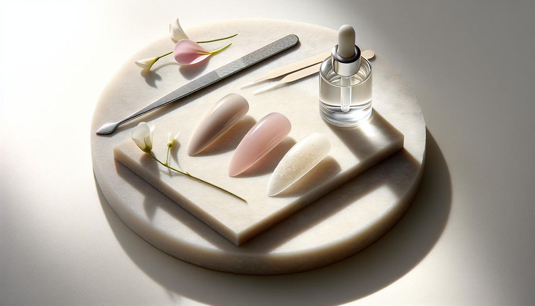Sachliches Flatlay: drei künstliche Nagel-Tips in unterschiedlichen Zuständen, Nagelhautschieber, Glaspipette auf hellem Naturstein, minimalistisch arrangiert.