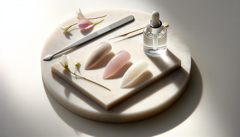 Sachliches Flatlay: drei künstliche Nagel-Tips in unterschiedlichen Zuständen, Nagelhautschieber, Glaspipette auf hellem Naturstein, minimalistisch arrangiert.
