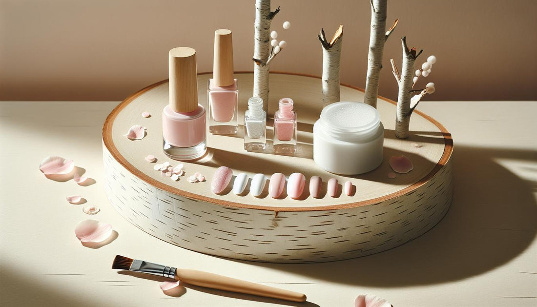 Vier unterschiedliche feminine Nageldesigns nebeneinander auf hellem Holz, mit Nagellack, Press-On Nails und Bio-Gel, minimalistisch und hell gestaltet im NailX-Stil.