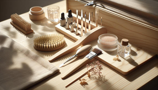 Makroaufnahme einer sauberen Nagelarbeitsstation mit Buffern, Pinseln, Dappen mit Acrylpulver und Dehydrator-/Primer-Fläschchen, offenes Gel-Starterkit — acryl auf gelnägel