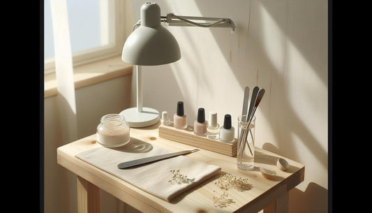 Nahaufnahme eines aufgeräumten Nagelarbeitsplatzes mit LED‑Lampe, Base‑ und Top‑Gelen (Acryl Gel), Feilen, Nagelhautöl und weißem Handtuch auf Birkenholz.