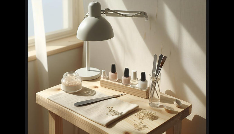Nahaufnahme eines aufgeräumten Nagelarbeitsplatzes mit LED‑Lampe, Base‑ und Top‑Gelen (Acryl Gel), Feilen, Nagelhautöl und weißem Handtuch auf Birkenholz.