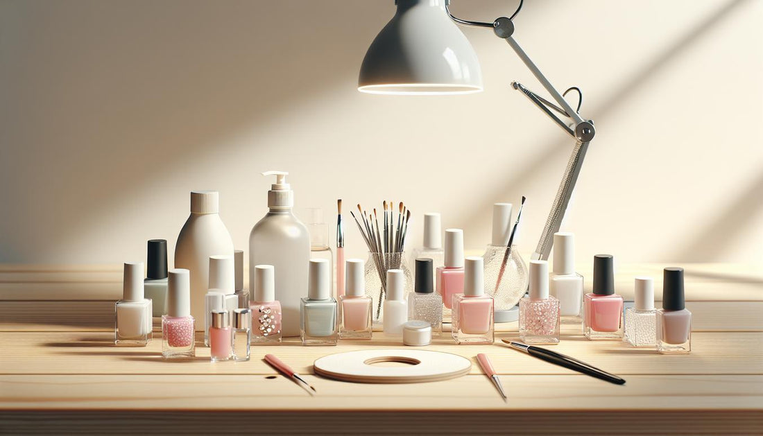 Nahaufnahme aufgeräumter Nageltisch mit offenem Glastiegel, LED‑Lampe, Pinsel und Feilen – Fokus auf acryl gel für nägel, minimalistisch, hell.