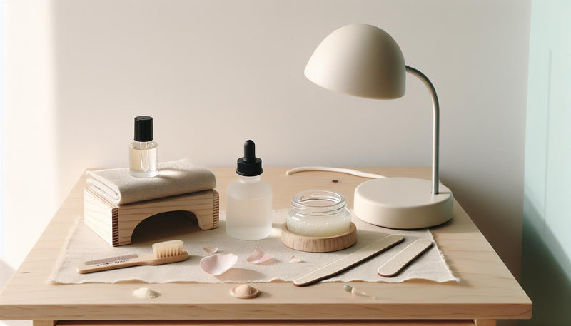 Minimalistische Nahaufnahme eines sauberen Nageltischs mit offenem UV-Gel-Tiegel, UV-Lampe, Nagelöl und Feilen — Szene für Acryl- oder UV-Gelnägel.