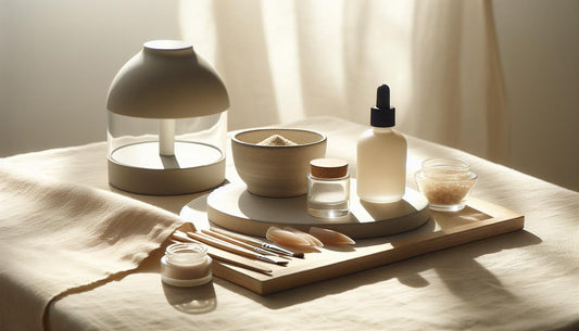 Minimalistische Nahaufnahme eines Maniküre-Arbeitsplatzes mit LED-Lampe, offenen Acryl- und Gel-Döschen, Soft-Gel-Tips auf Tablett und Nagelöl – acryl vs gel nägel