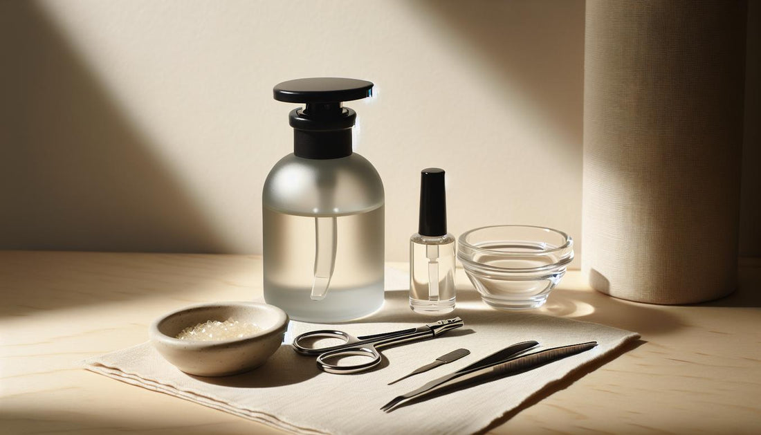 Minimalistische Nagelarbeitsstation mit offenem UV‑Gel, Sterilinstrumenten, Nagelöl und rosa Akzenten für Acrylnägel auf hellem Holz.