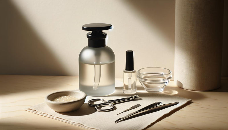 Minimalistische Nagelarbeitsstation mit offenem UV‑Gel, Sterilinstrumenten, Nagelöl und rosa Akzenten für Acrylnägel auf hellem Holz.