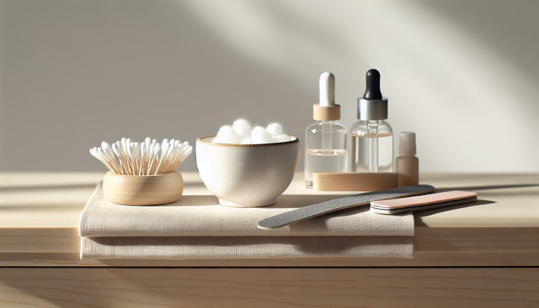 Nahaufnahme einer hellen Maniküre-Station mit Schale Aceton, Wattepads, Alufolie, Feilen und Nagelöl – Acrylnägel einweichen, minimalistisch, NailX-Farben.