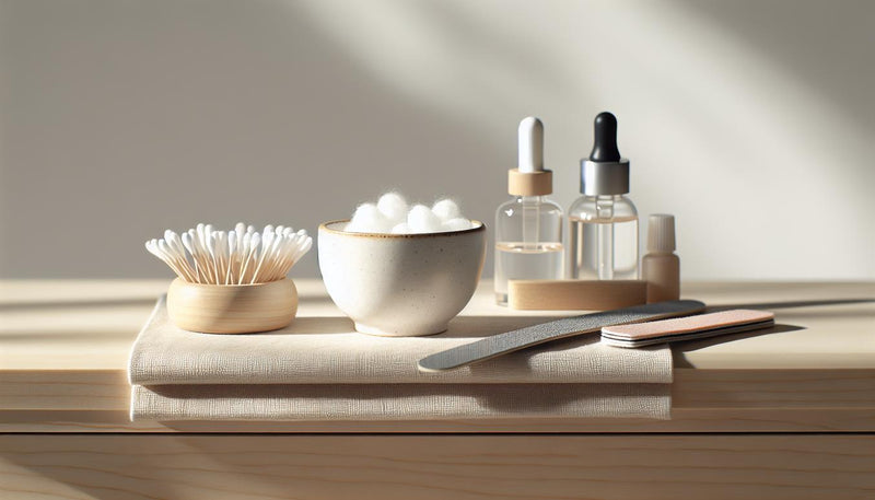 Nahaufnahme einer hellen Maniküre-Station mit Schale Aceton, Wattepads, Alufolie, Feilen und Nagelöl – Acrylnägel einweichen, minimalistisch, NailX-Farben.