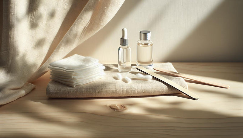 Nahaufnahme: Baumwolle mit Aceton, Aluminiumfolie, Nagelfeilen und Nagelöl auf hellem Handtuch – Acrylnägel entfernen in einer ruhigen, minimalistischen Pflegeszene.