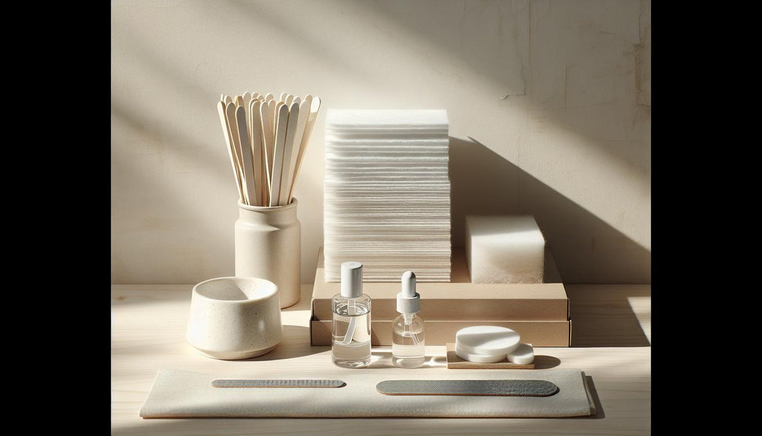 Minimalistisches Stillleben zum Acrylnägel entfernen auf hellem Holztisch: Acetonflasche, getränkte Baumwollpads, Alufolie, Feilen, Buffer, Holzstäbchen und geschlossenes Starterpaket.