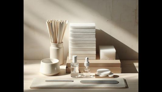 Minimalistisches Stillleben zum Acrylnägel entfernen auf hellem Holztisch: Acetonflasche, getränkte Baumwollpads, Alufolie, Feilen, Buffer, Holzstäbchen und geschlossenes Starterpaket.