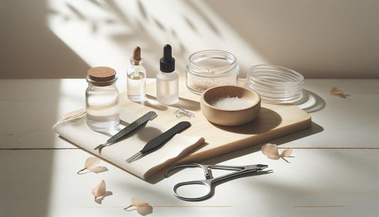 Minimalistische Nahaufnahme einer Nagelarbeitsstation mit offenem Gel‑Nagel‑Kit‑Deckel, Pinzette, Feile und Nagelöl auf hellem Birkenholz – Acrylnägel herauswachsen