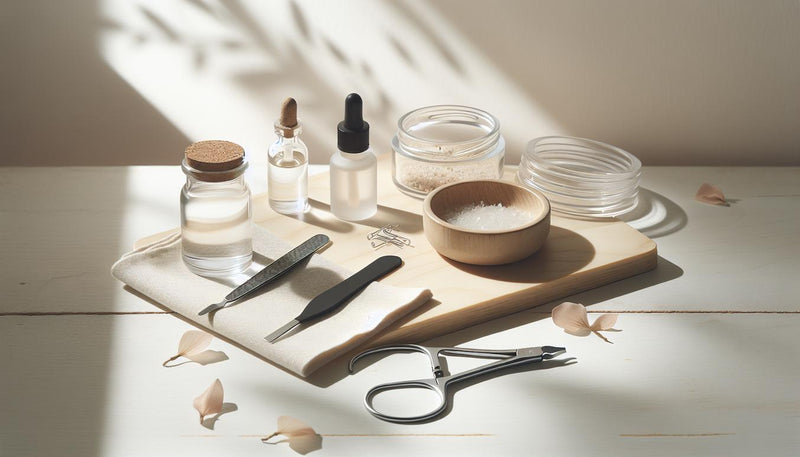 Minimalistische Nahaufnahme einer Nagelarbeitsstation mit offenem Gel‑Nagel‑Kit‑Deckel, Pinzette, Feile und Nagelöl auf hellem Birkenholz – Acrylnägel herauswachsen