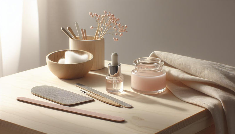 Minimalistische Nahaufnahme einer Nagelpflege‑Station mit Nagelölflakon, feinen Feilen, Baumwollpad und Nagelproben, die Acrylnägel herauswachsen zeigen.