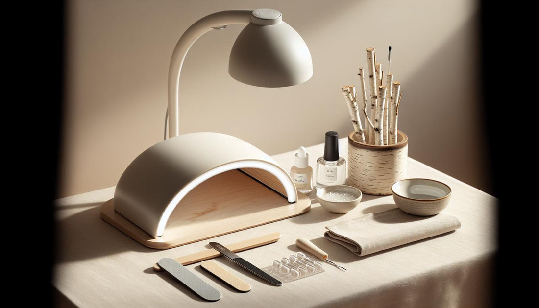 Saubere Maniküre‑Station mit UV‑Lampe, geöffnetem Starter‑Kit, Nagelfeile, Nagelöl, sterilen Einmal‑Tools und aufgerolltem weißem Handtuch – Styling für Acrylnägel.