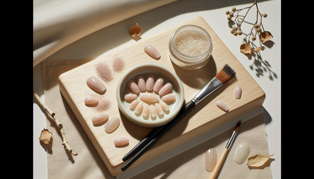 Nahaufnahme kurzer Acrylnägel in Nude- und Rosétönen auf Birkenholz mit offenem Base-Gel und feinem Nagelpinsel, minimalistisch arrangiert — acrylnägel natur