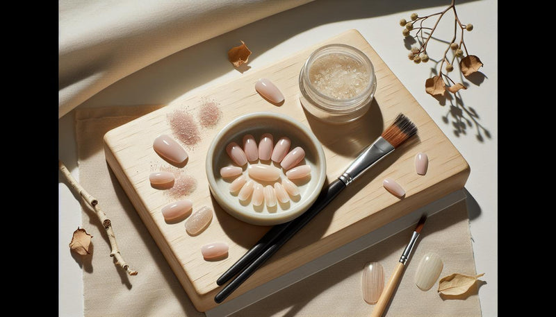 Nahaufnahme kurzer Acrylnägel in Nude- und Rosétönen auf Birkenholz mit offenem Base-Gel und feinem Nagelpinsel, minimalistisch arrangiert — acrylnägel natur