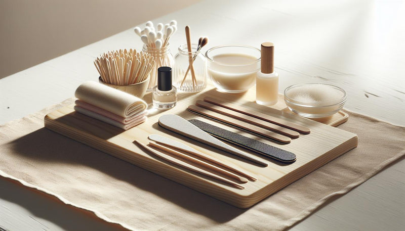 Nahaufnahme eines minimalistischen Nageltischs mit Feile, Holzstäbchen, Schüssel Aceton, Wattepads, Nagelöl-Fläschchen und Vaseline – Acrylnägel selbst entfernen.