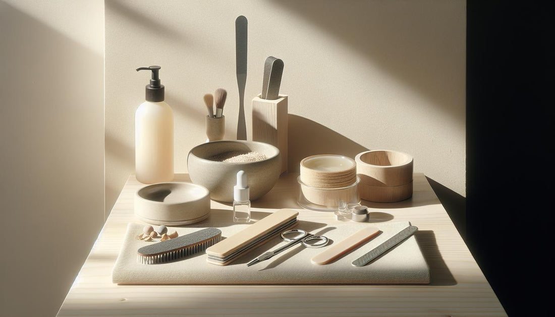 Nahaufnahme eines minimalistischen Tisches mit Acrylnägel-Starterkit: LED‑Lampe (schwarz), kleines Nagelöl‑Fläschchen, offener UV‑Gel‑Tiegel, Pinsel und getrocknete Blüten auf hellem Birkenholz.