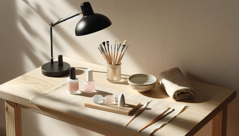 Minimalistische Nahaufnahme einer Maniküre-Workstation auf hellem Birkenholz mit UV-LED-Lampe, offenen Gel-Flaschen, Nagelpinseln und Leinentuch für Acrylnägel.