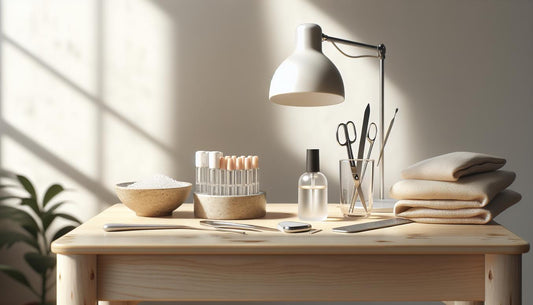 Minimalistische Maniküre-Workstation mit UV-LED-Lampe, geöffneter Nagelölflasche, Soft-Gel-Tips und Instrumenten auf hellem Birkenholz – Acrylnägel-Setup.