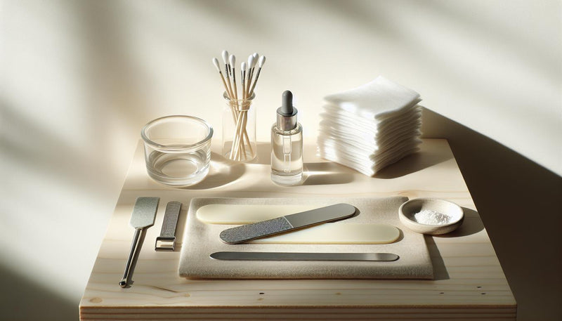 Aufgeräumte Nahaufnahme einer Maniküre-Station mit Feile, Wattepads, Aluminiumfolie und Nagelöl auf hellem Holztisch – Acrylnägel zu Hause entfernen